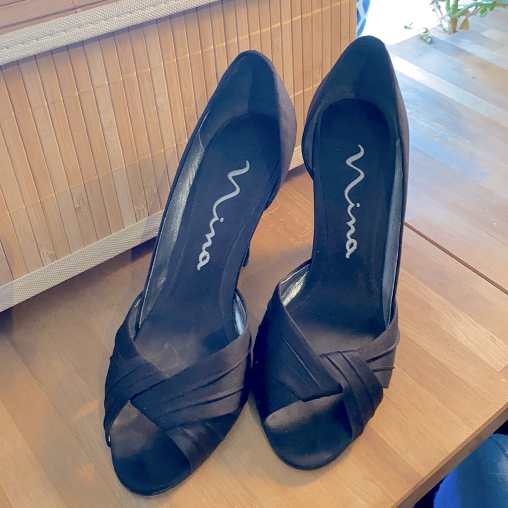 Nina Satin black peeptoe dress pumps